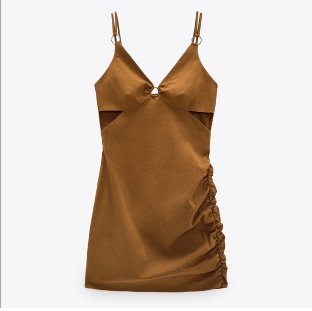 Zara Gold Fitted Bodycon Mini Dress with Ruched Side & O-rings